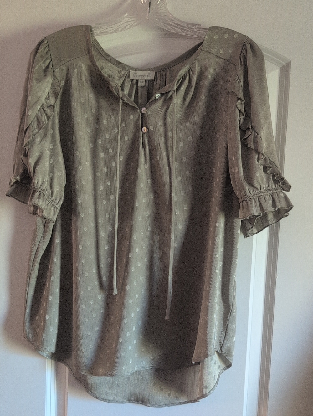 Chenault Olive Polka Dot Ruffled Sleeve Tie-Neck Blouse